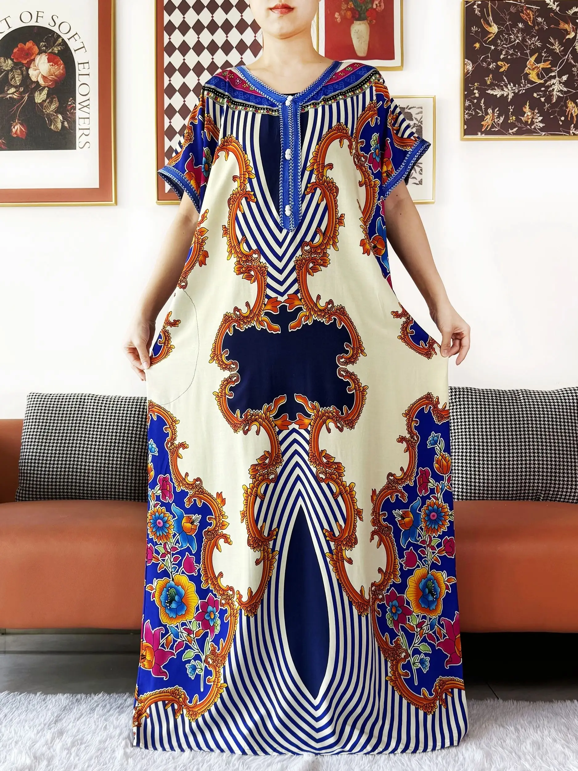 2025 African Women Dress Loose Boubou Maxi Dress Cotton Lace Floral Boubou Islamic Abaya Short Sleeve  Long Gown for Women