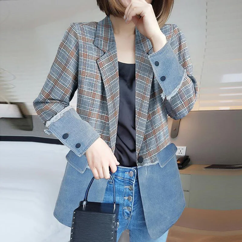 

Fashion Lapel Button Spliced Loose Lattice Blazer Female Clothing 2023 Autumn New Casual Tops All-match Office Lady Blazers