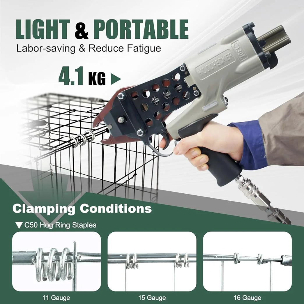 Woodpecker C130L 11 Gauge Easy Carry Pneumatic Hog Ring Gun for Gabion 1 1/2 Inch Crown Air C Ring Plier for Wire Cages, Gabion