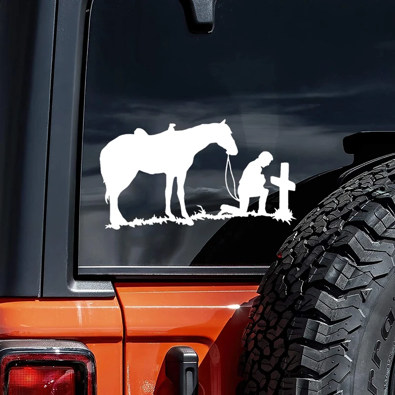 

14x25CM Vinyl Decal For Cowboy & Horse Praying at Tombstone Cross Car Sticker Waterproof Auto Decors on Bumper Window