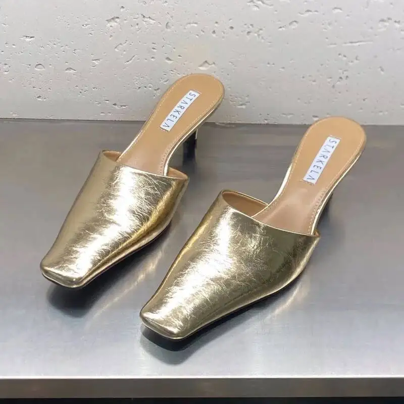 

Тапочки с квадратным носком, женские сандалии на высоком каблуке с котенком, туфли-лодочки, модные летние 2023, новые кожаные модельные туфли-лодочки, повседневные сандалии