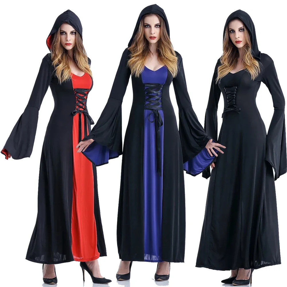 

3 Color Medieval Sexy Gothic Witch Hooded Dress Adult Women Halloween Costumes Vampire Witch Party Masquerade Long Dress