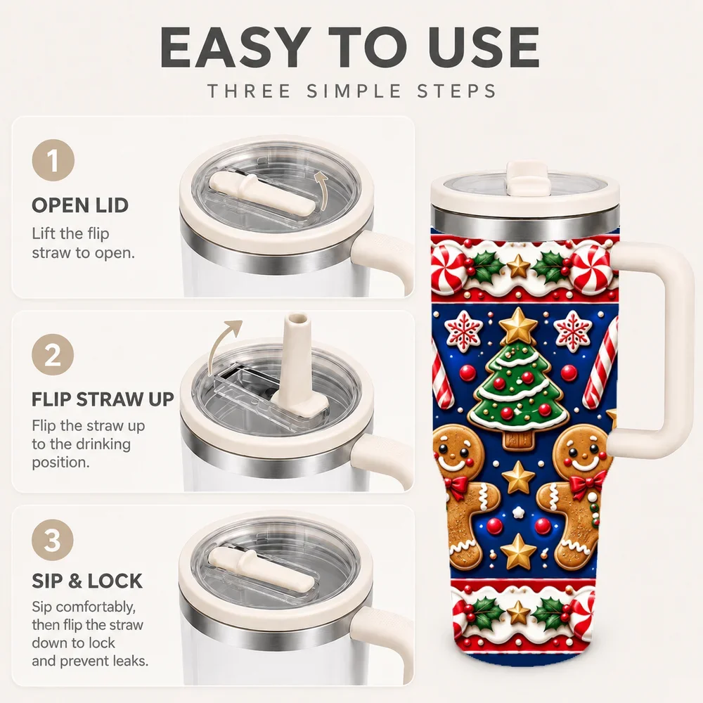 Blue Gingerbread Christmas Vacuum Flasks 40oz Stainless Steel Insulated Tumbler with Handle & Straw Lid, Leakproof Travel Cup