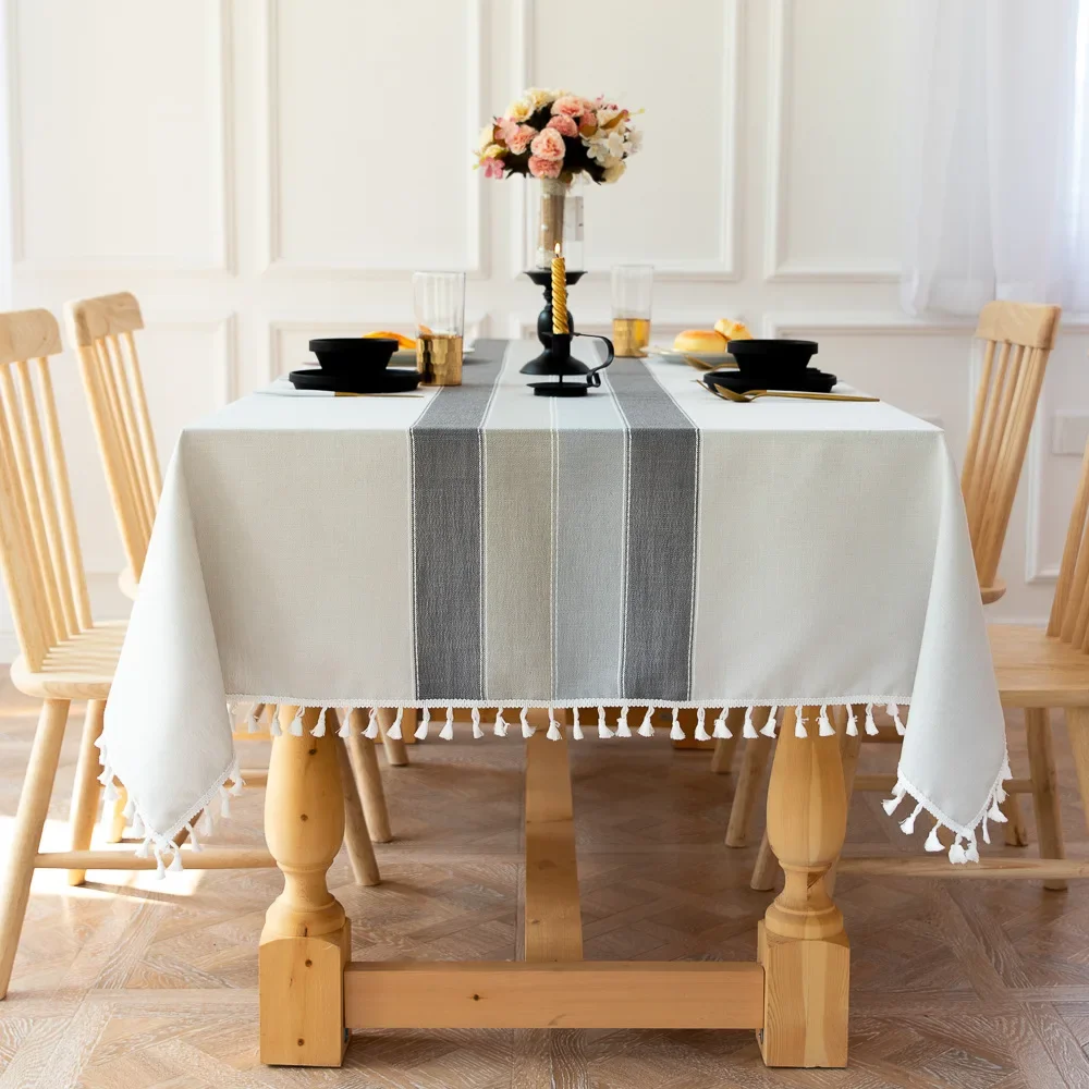Table Cover Rectangular Cotton Linen Stripe Tassel Tablecloth Stain Resistant Dust-Proof for Kitchen Dinning Tabletop Decoration