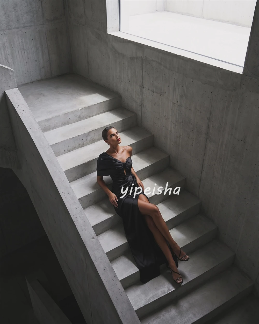 

Customized Classic Women Charmeuse Ruched Pleat Straight Evening Dresses Simple Off-the-shoulder Sleeveless Slit Prom Dresses