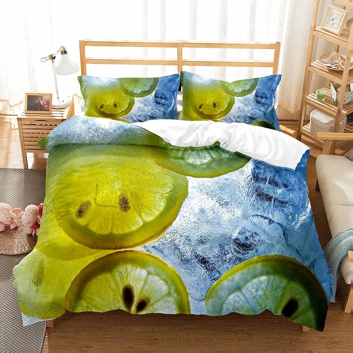 Lemon Duvet Cover Cartoon Tropical Fruit Twin King Bedding Set Botanical Lemon Pattern Duvet Cover Set for Kids Girls Bedroom