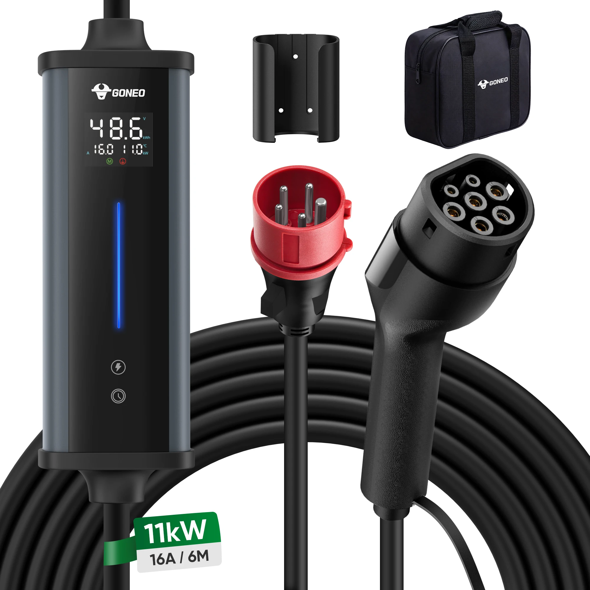 GONEO Typ 2 Tragbares EV-Ladegerät, 11kW 16A 3-phasig, roter CEE-Stecker, 400V mobile Wallbox, einstellbar 6A-16A, RCD-Schutz, LCD-Display, Timer