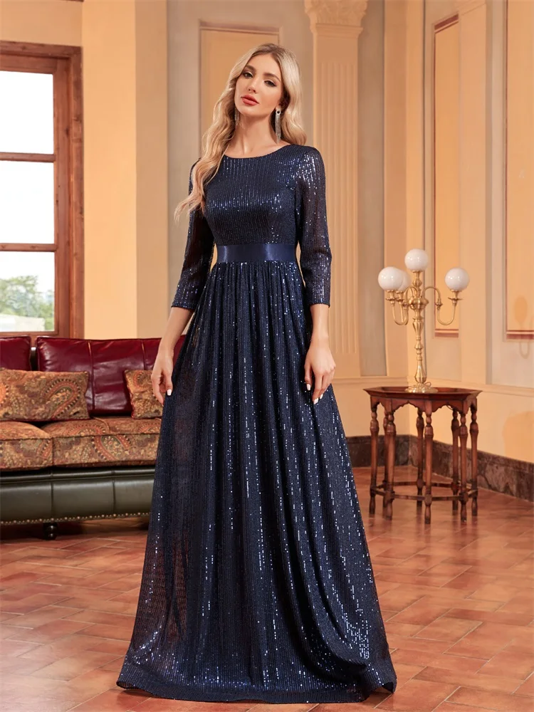 XUIBOL luxe col rond manches longues paillettes robe de soirée formelle femmes v-back fête de mariage bal Maxi robes de Cocktail