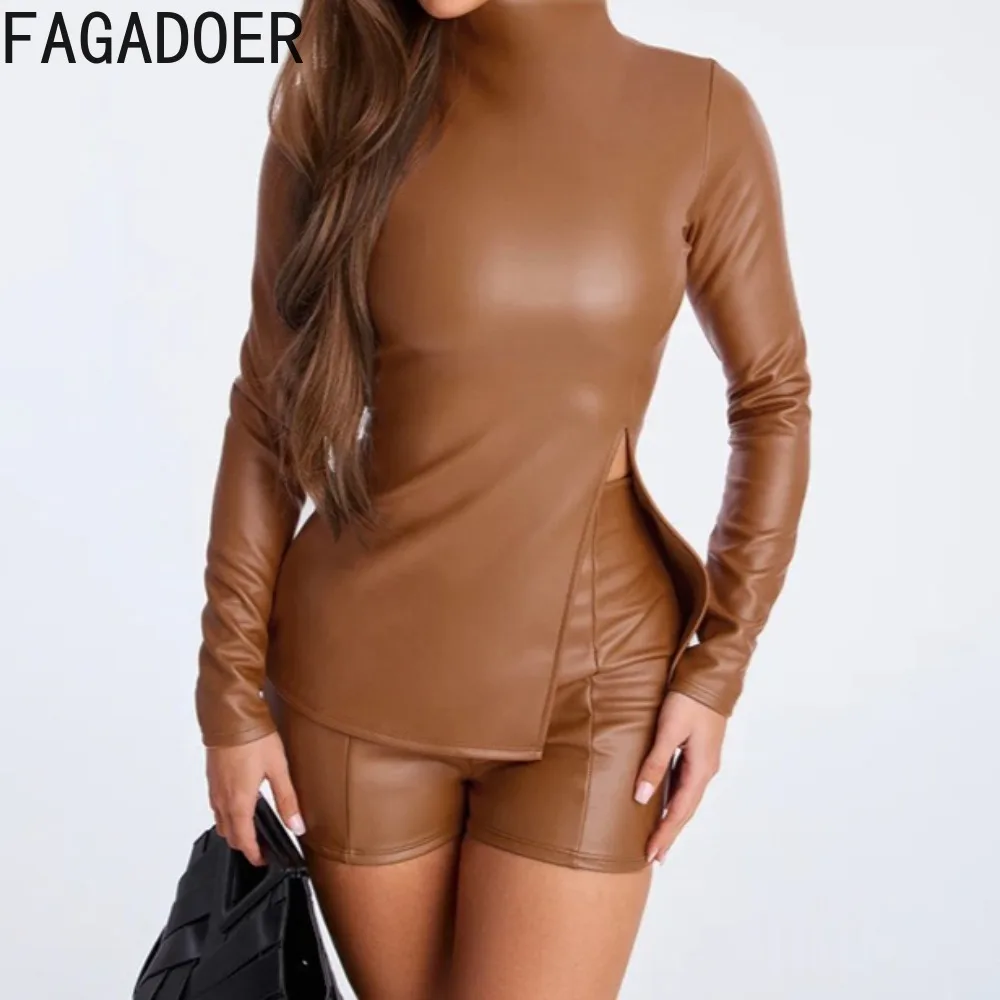 FAGADOER Set Pakaian Wanita 2 Potong Motif Leopard Seksi Warna Solid Atasan Crop Top Lengan Panjang dengan Ritsleting dan Celana Pendek Streetwear Wanita