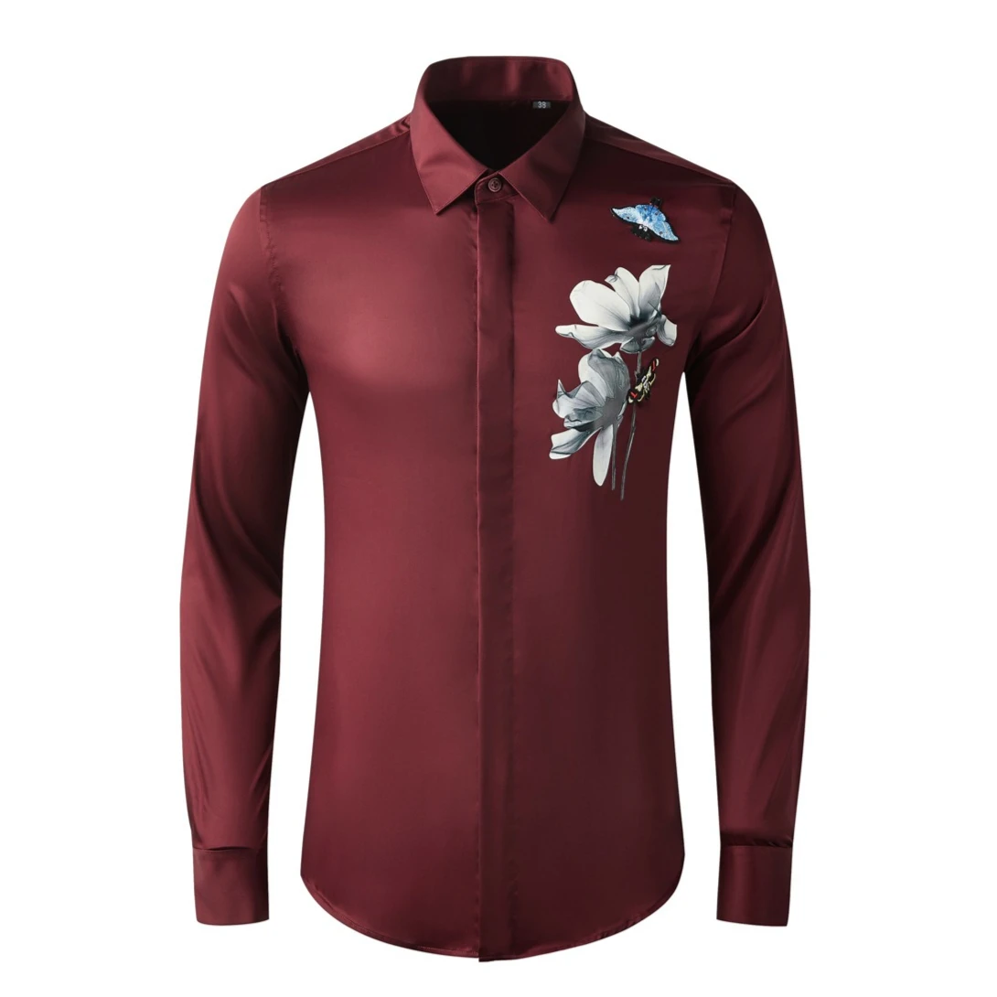 

Chinese Style Floral Embroidery Long Sleeved Shirt for Men Fashion Casual Business Dress Shirts Social Banquet Party Shirt 2025