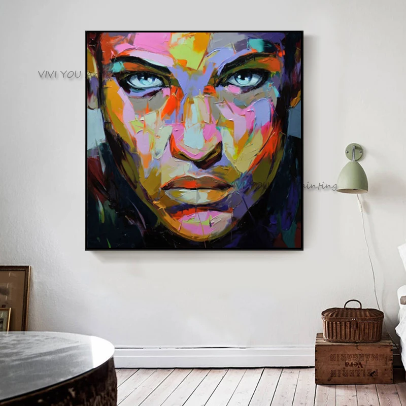 Handpainted Vivid Rainbow Tone Textured Lady Close-Up Oil Painting Square Canvas Chic Gallery Home Decor