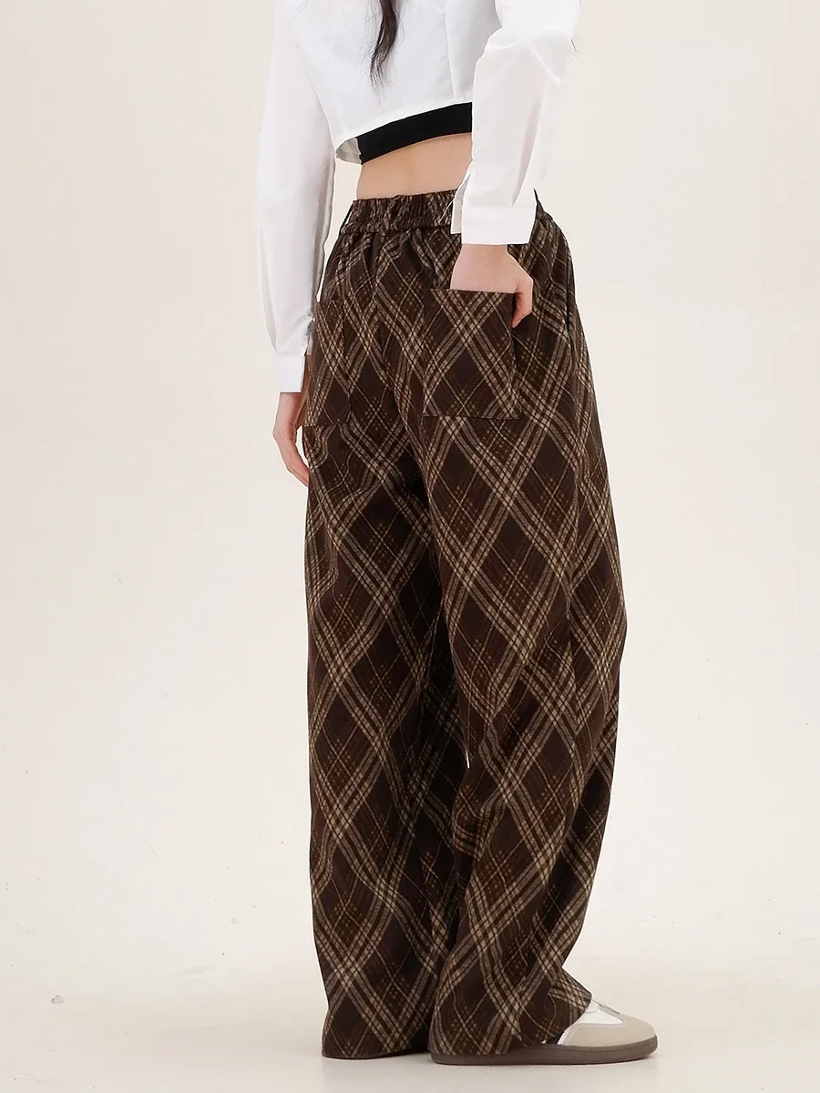 Maillard Plaid Casual Pants 2024 Autumn New Loose Bf American High Street Trendy Brand Wide-legged Women