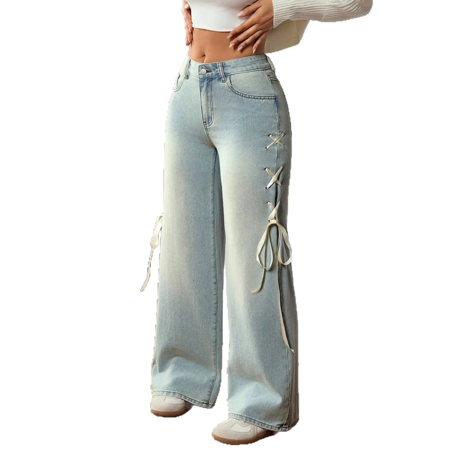 Women's Baggy High Waist Distressed Straight Leg Full Length Jeans with Side Tie Bow Zip Fly Cotton Streetwear Women Light Wash
