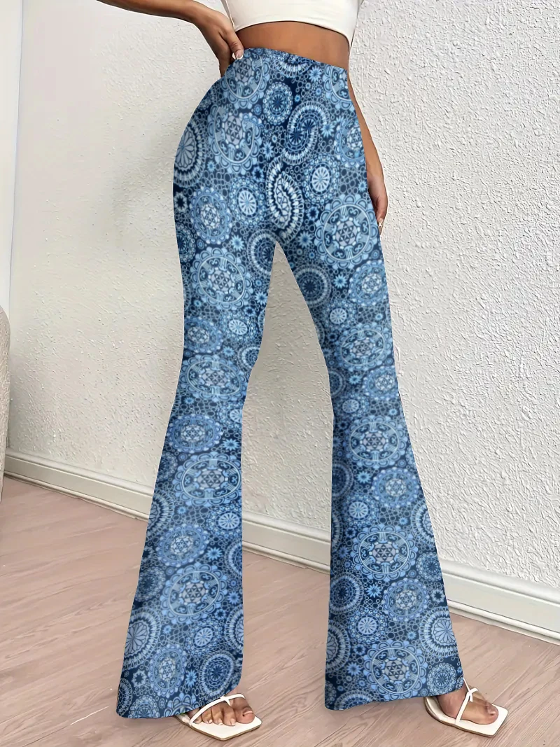 

Stretchy Print Bell Bottoms Elegant High-Waist Flare Pants for Women All-Season