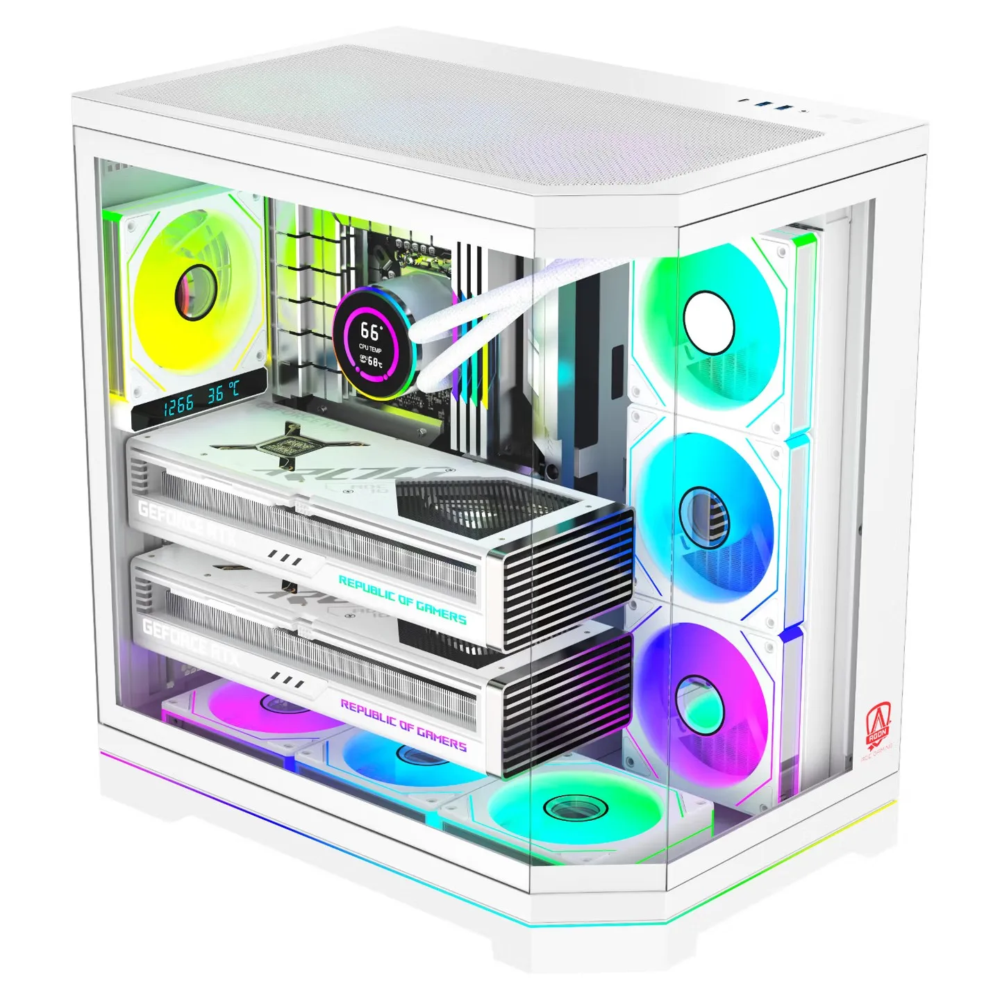 

Корпус для игрового компьютера AOC ACG802 ATX с дизайном Sea-View, 9 слотов, поддержка двух видеокарт, водяное охлаждение 360 мм, ARGB-подсветка.
