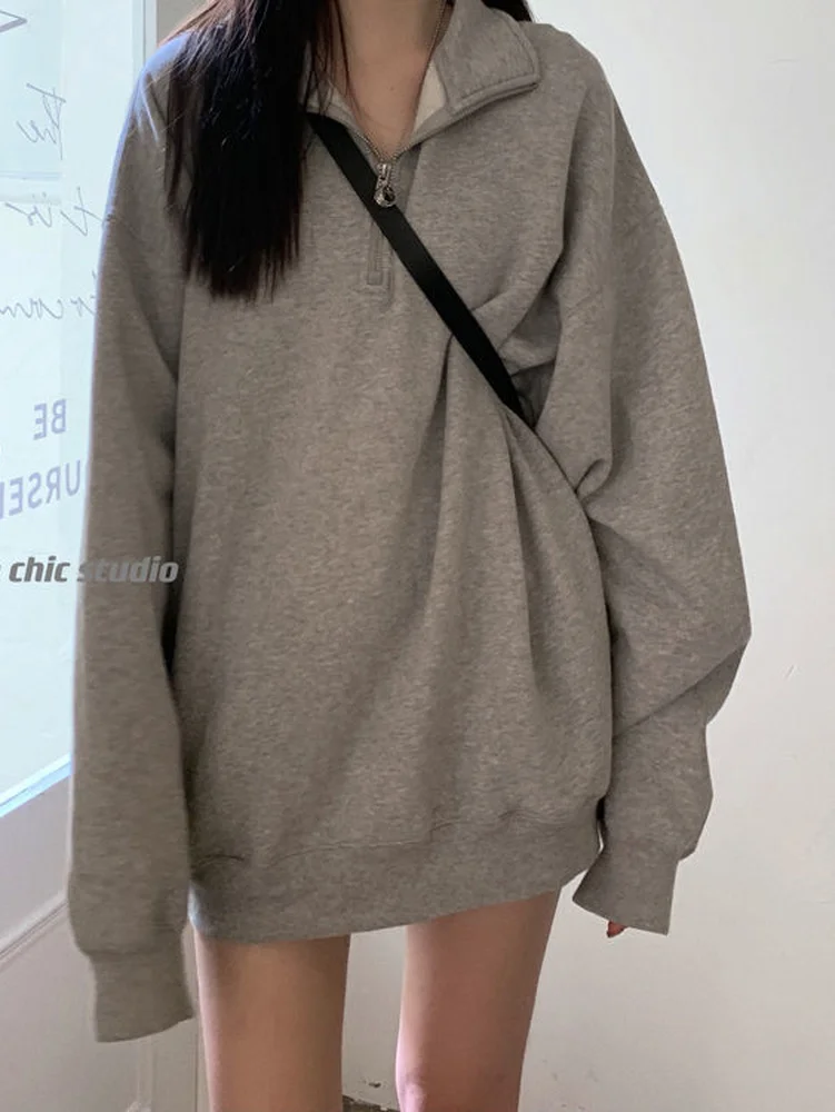 QWEEK Casual Übergroßen Sweatshirts Frauen Koreanische Mode Kpop Polo Kragen Grau Feste Pullover 2022 Herbst Streetwear