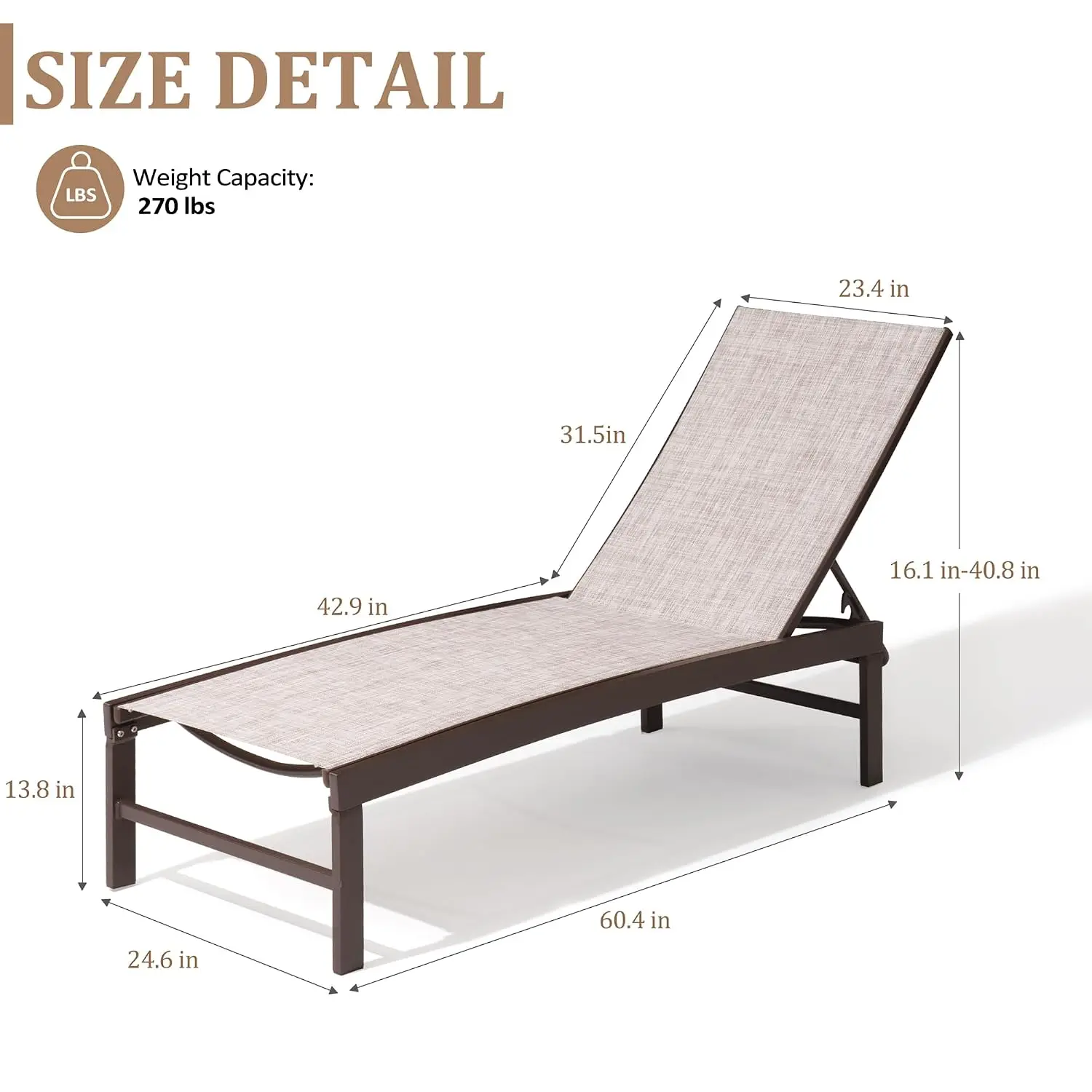 Aluminum Chaise Lounge, Outdoor Recliner with 5 Adjustable Backrest & Lay Flat for Garden, Balcony, Pool, Customized