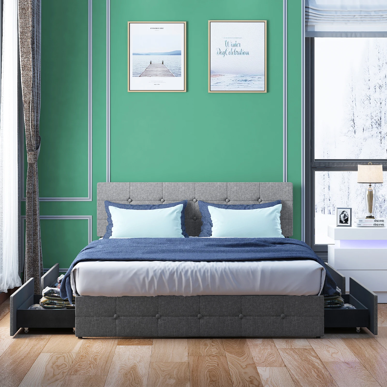 HORGAEO Platform Bed Frame with 4 Storage Drawers, Bed Frame with Square Button Tufted Adjustable Headboard