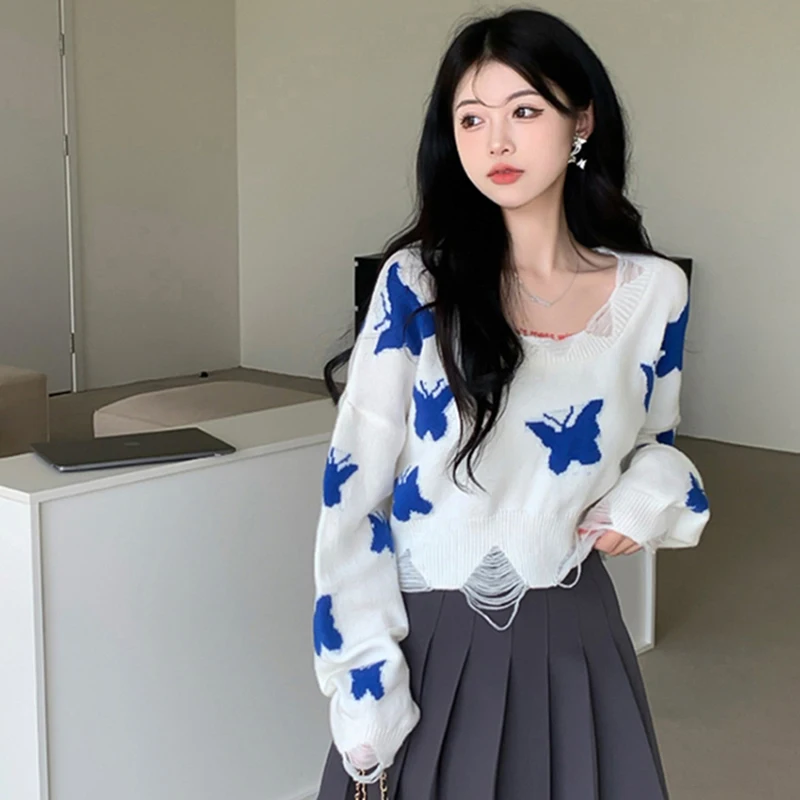 Korean Butterfly Women Sweaters Autumn Knitted Sweet Female Jumpers Harajuku Ripped New Loose Casual Ladies Crop Pullovers