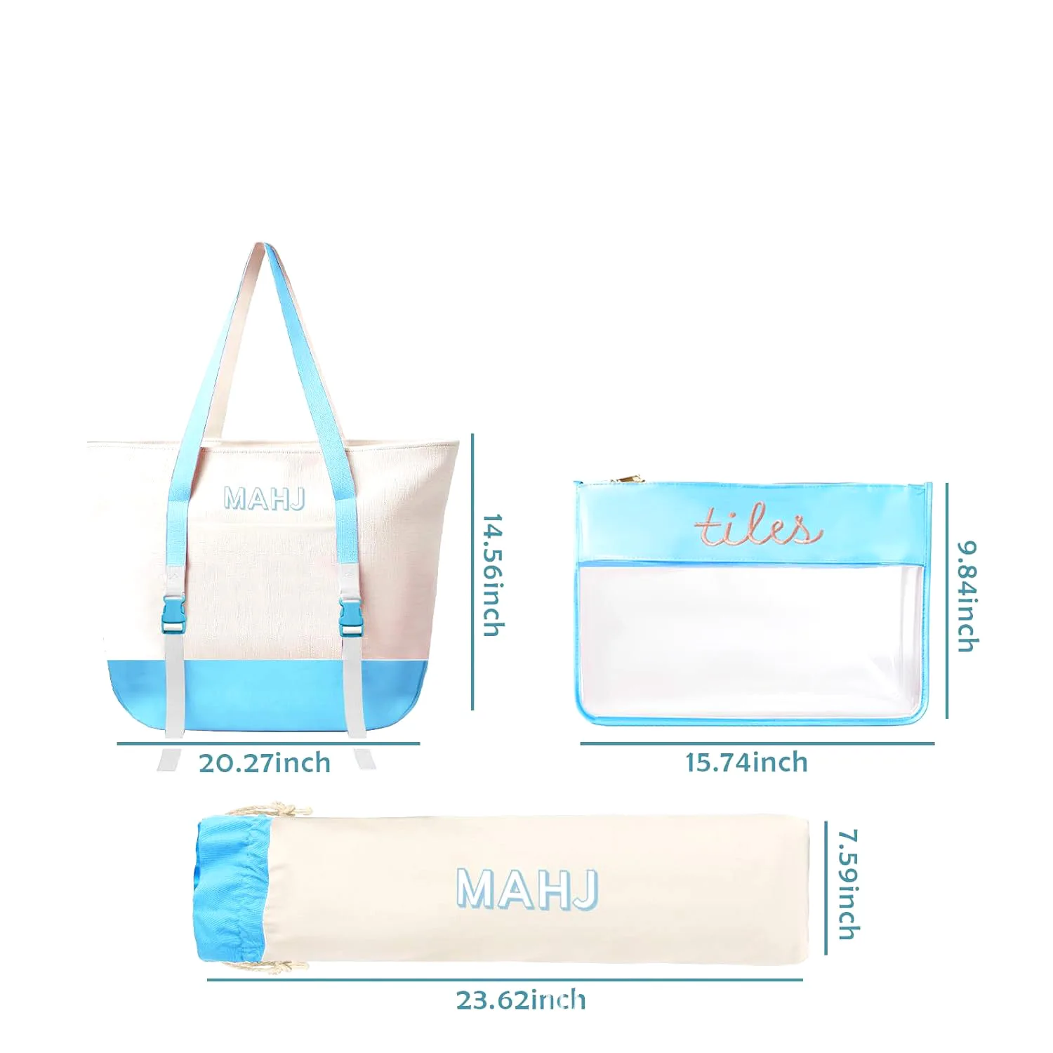 Canvas Tote Bag Set for Mahjong Tiles with Clear Zippered Pouch and Drawstring Bag for Racks Pushers and Accessories