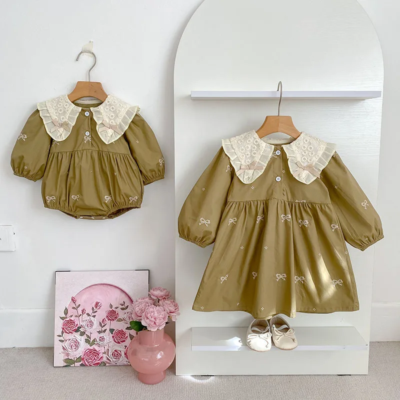 

2025 Spring Sister Clothes Kids Princess Dresses Baby Clothes From 0 To 12 Months Girls Long Sleeve Cotton Princes Collar Dress