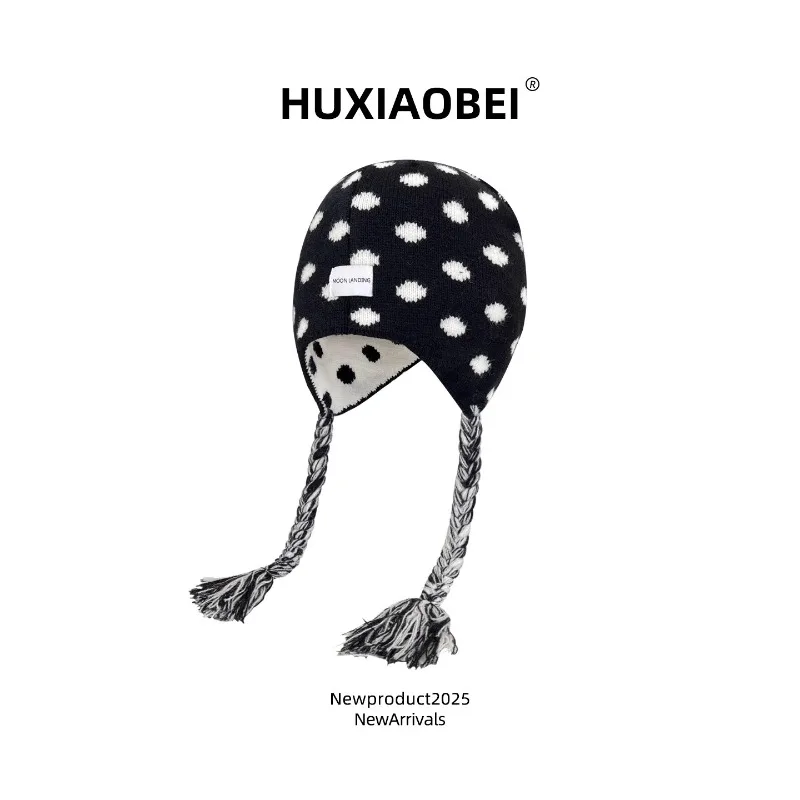 

Korean Fashion Polka Dot Jacquard Cute Braided Strap Pullover Hats Women Autumn and Winter Casual Warm Versatile Y2K Beanies