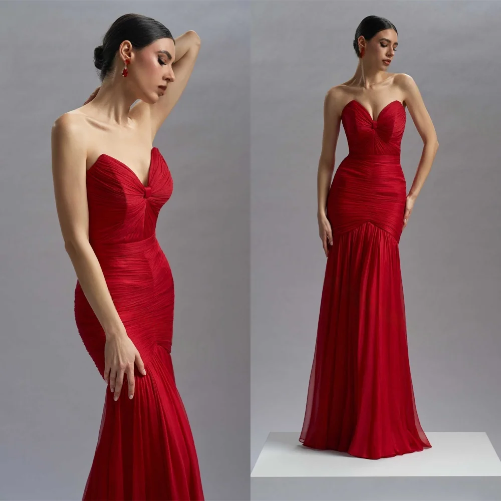 Vestido de noche de gasa rojo exquisito personalizado, vestido de fiesta sin mangas sin tirantes de alta calidad, vestido de fiesta clásico con cremallera en la espalda
