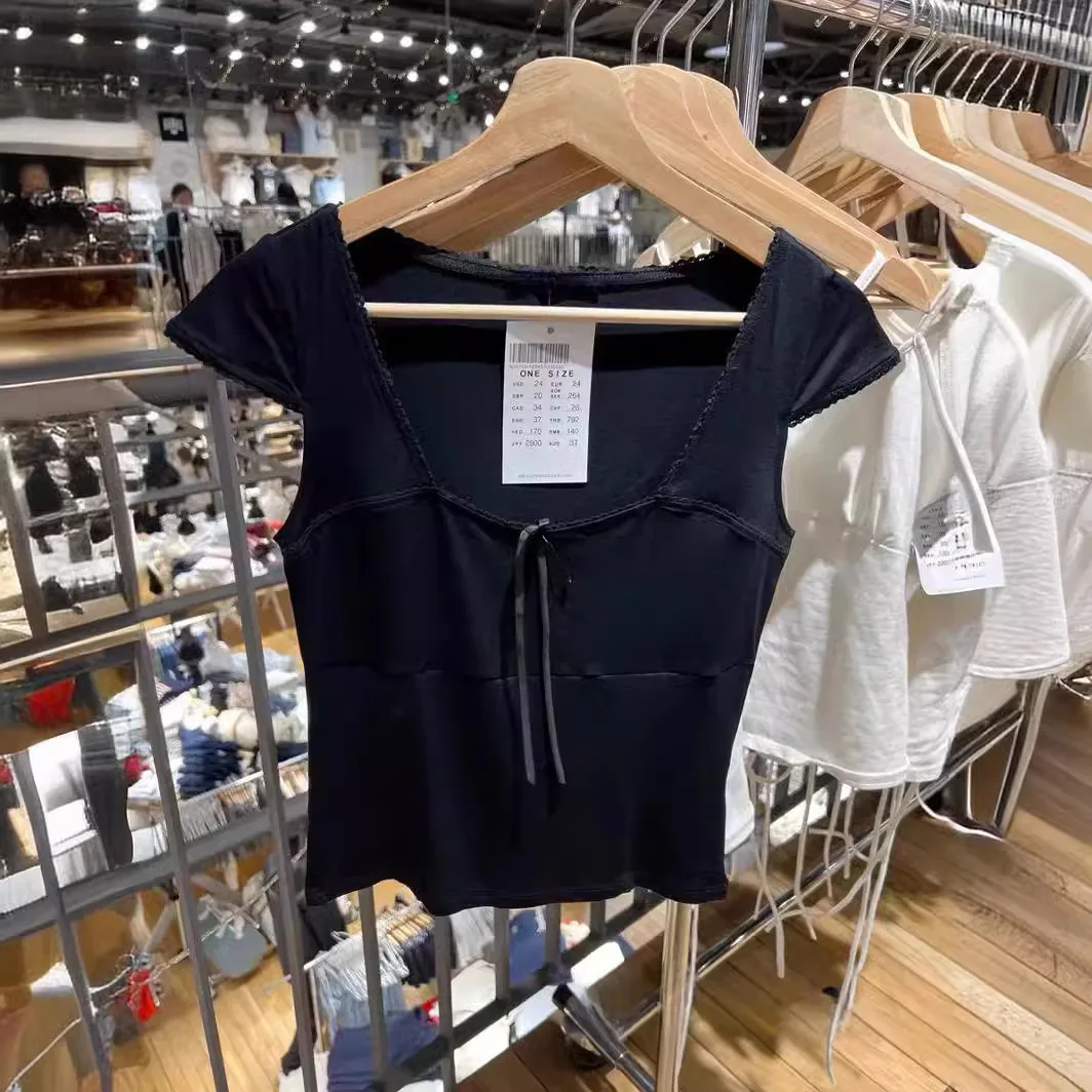 

Black Lace Trim Bow Chic Women Tank Top Cotton Slim Streetwear Y2K Vest 2024 New Vintage Square Collar Short Sleeve T-shirt