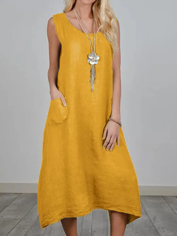 

ZANZEA Woman Fashion Sleeveless Tank Dress Summer O Neck Solid Cotton Vestidos Female Casual Holiday Robe Elegant Party Sundress