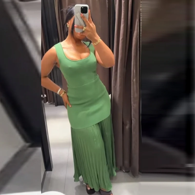 HXAO Knitted Long Dresses Woman 2025 Sleeveless Pleated Green Maxi Dress Summer Patchwork Vest Elegant Dresses For Women