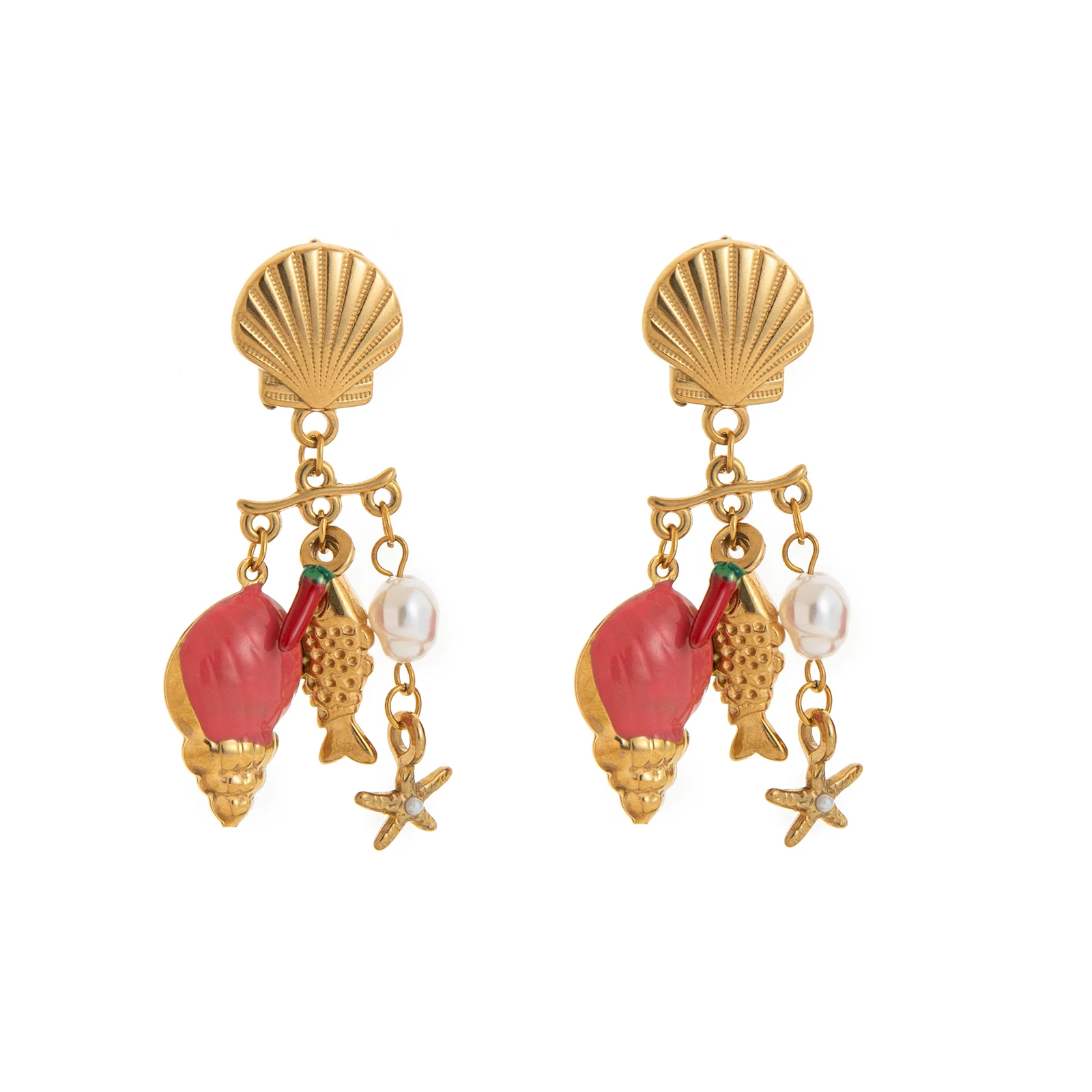 الفولاذ المقاوم للصدأ سلسلة المحيط محارة نجم البحر شل أقراط الأسماك الصغيرة أقراط مطلية بالذهب