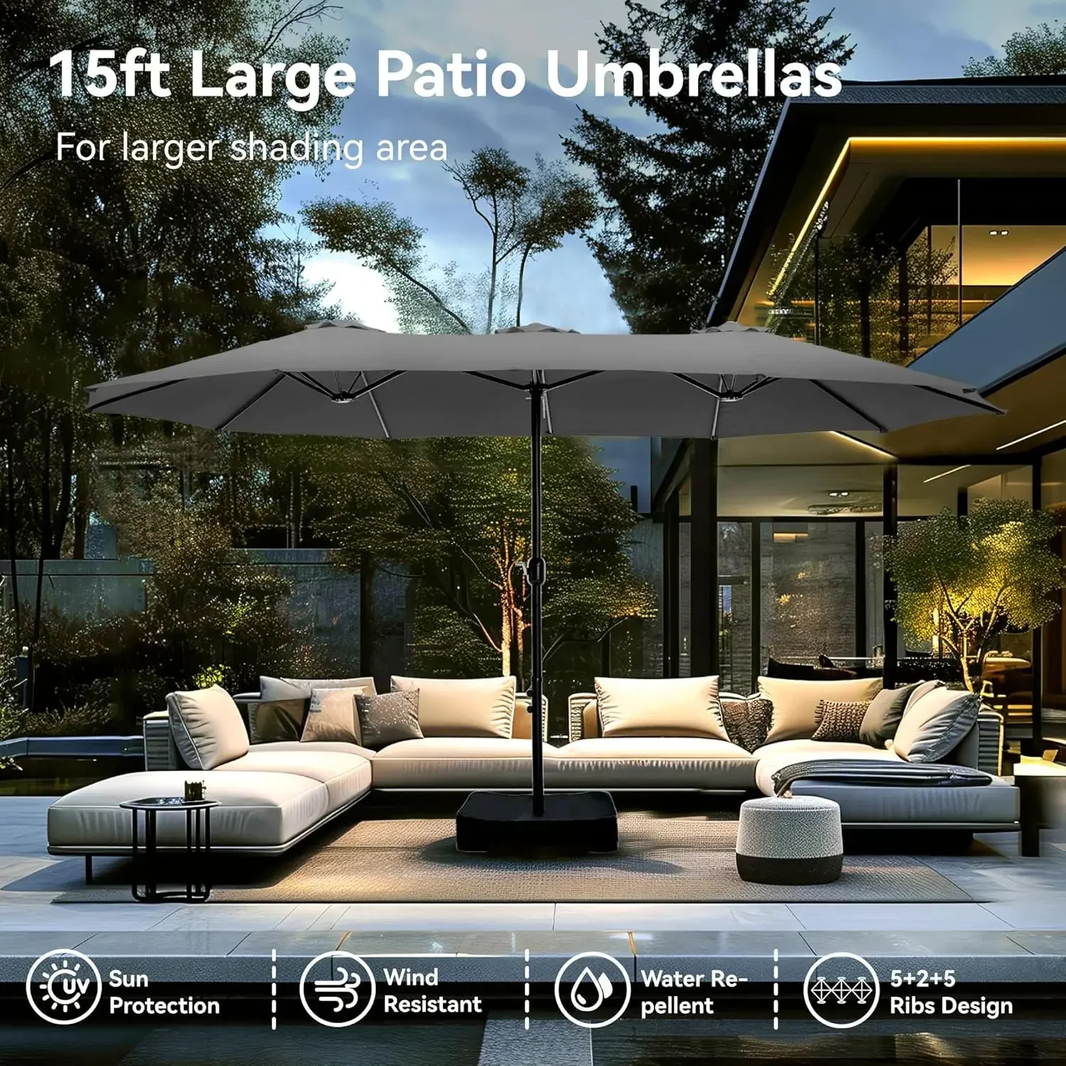 15ft Large Patio Umbrellas with Base, Outdoor Double-Sided Rectangle Market Umbrella for Pool Lawn Garden, Light Gray