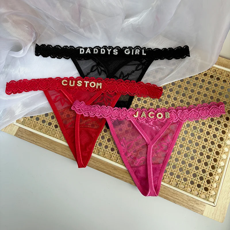 Personality Custom Name Crystal Letter Thong Sexy Lace Bikini Panties Low Waist Briefs Hot Sales G-String Wife Customized Gift image 2