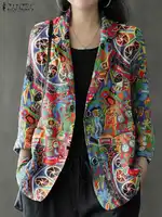 ZANZEA-abrigos estampados Vintage de manga larga para mujer, Tops finos para mujer, Blazer, Camisa de algodón, prendas de vestir informales, primavera y verano, 2024