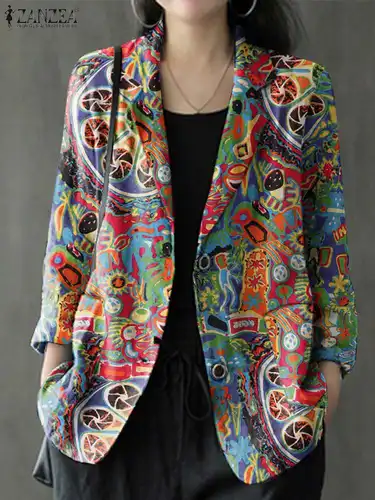 ZANZEA-abrigos estampados Vintage de manga larga para mujer, Tops finos para mujer, Blazer, Camisa de algodón, prendas de vestir informales, primavera y verano, 2024