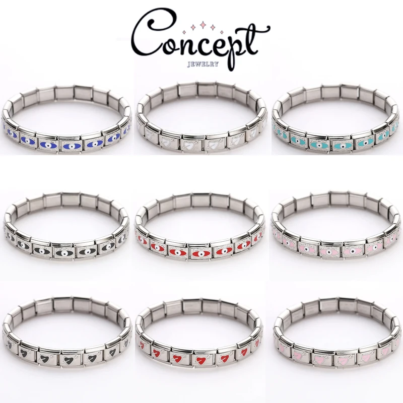

New Fashion Dripping Oil Cupid Heart Devil Eye Basic Italian Charms Modular Bracelet Stainless Steel 9mm Link Women Jewelry Gift