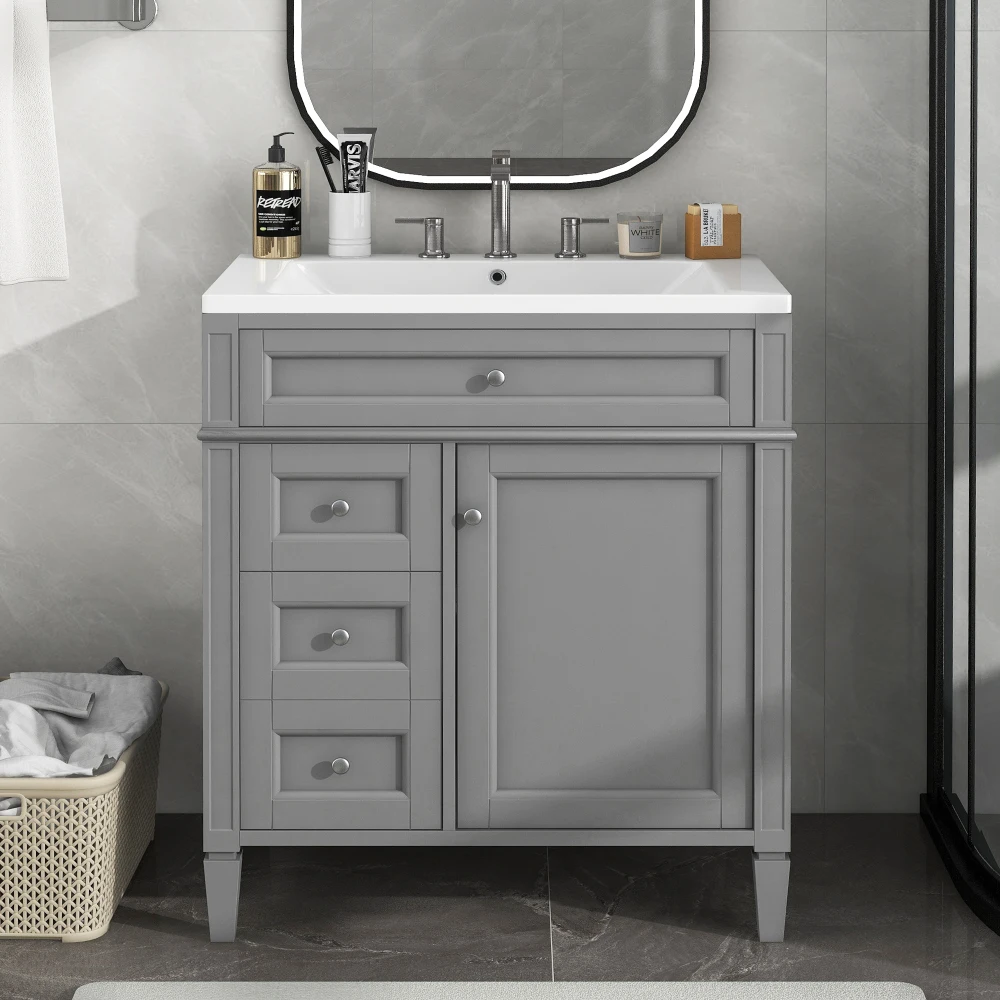 30'' Bathroom Vanity with Top Sink, Modern Bathroom Storage Cabinet with 2 Drawers and a Tip-out Drawer, Single Sink Bathroom