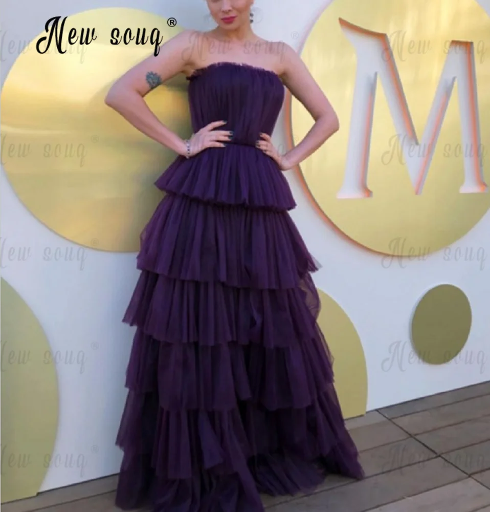 Vestido largo de fiesta para mujer, prenda elegante con volantes, color morado, escalonado y sin tirantes, cuello Barco, ropa de celebridades, cumpleaños, desfile y graduación