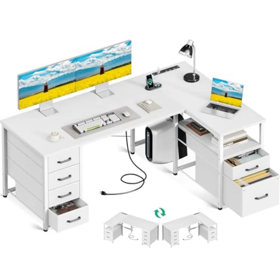 L Shaped Office Desk with 6 Drawers, Power Outlet for Home Office Use, Engineered Wood in White, Scratch-Resistant Surface