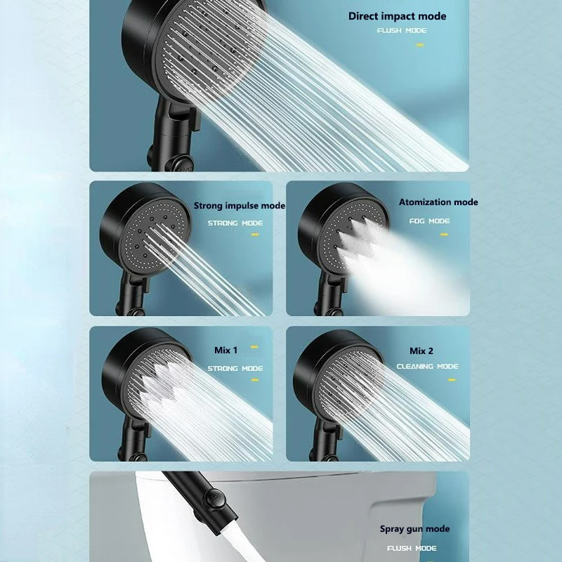 6-Modes Ajustable High-pressure Shower Head One-key Stop Water-saving Hand-held Shower Head with Hose Bracket Accessories