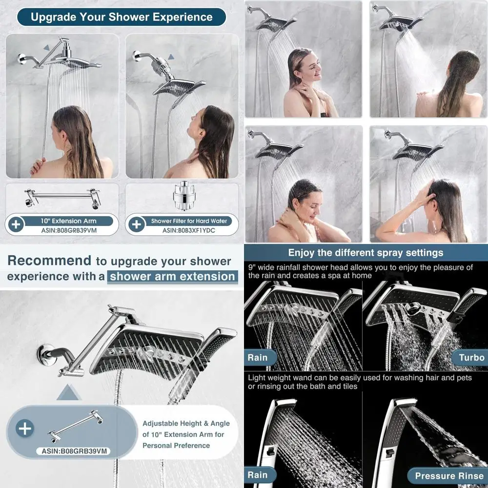 

60 Chrome Dual Shower Head Combo: Rainfall & Handheld with 60 Stainless Steel Hose