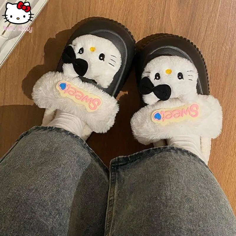 

Kawaii Sanrio зимние теплые съемные мягкие хлопковые тапочки с героями мультфильмов аниме «Hello Kitty» на толстой подошве модные милые повседневные тапочки