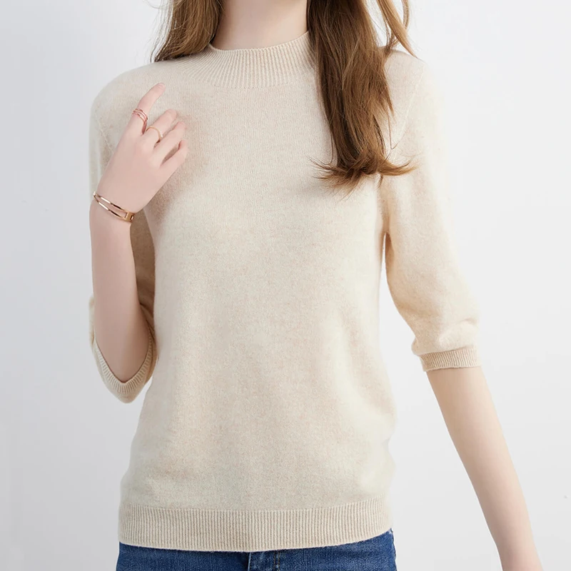 Wool Top Women\'s Sweater Knitwears Short Sleeve Pullover 100% Wool Half Turtleneck Sweater for Women Knit Jumper Female Clothing