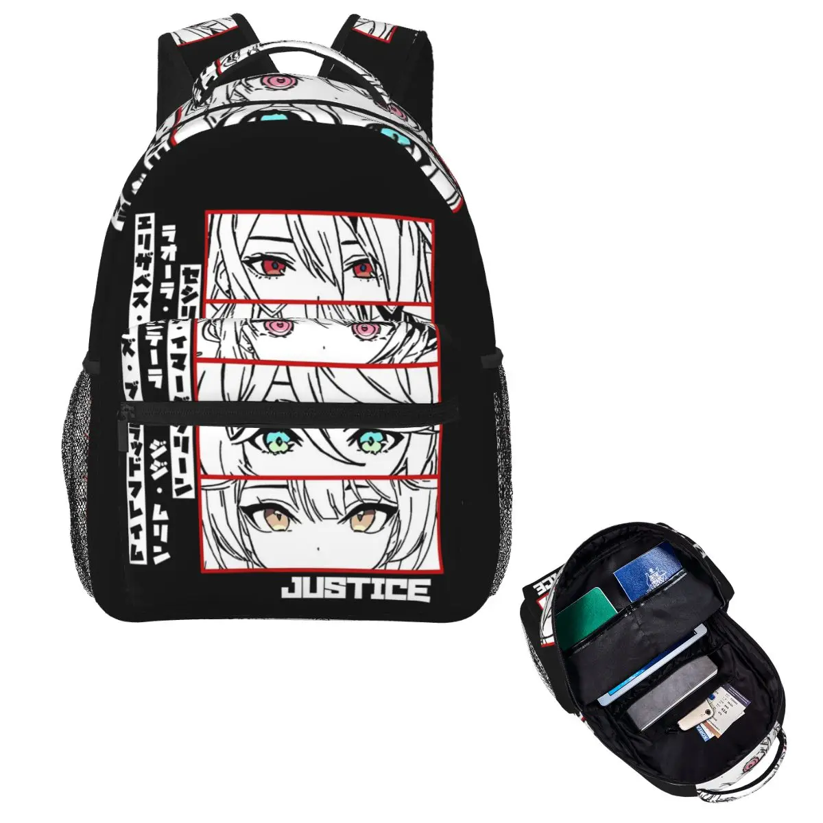 Holo Justice Panel Hololive Student Backpack School Bag Hiking Travel Daypack for Boys Girls Fashion Bookbag Shoulder Bags