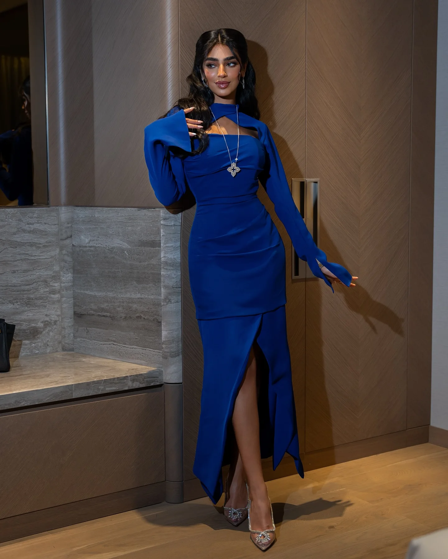 Jirocum Elegantes Saudi-Arabien-Abschlussballkleid mit Stehkragen für Damen, schlichtes blaues Party-Abendkleid, knöchellang, formelle Anlässe, maßgeschneidert