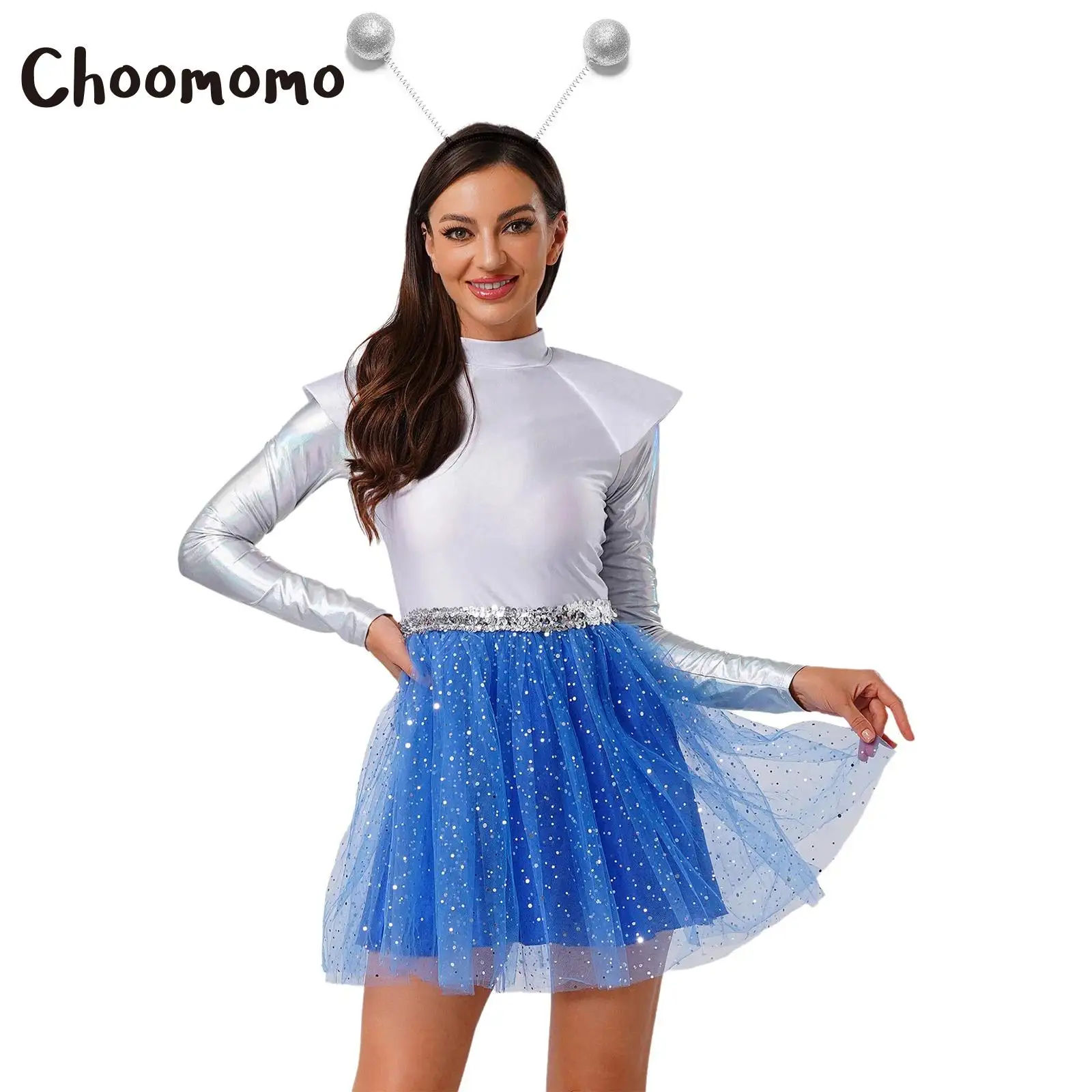 

Women Alien Tutu Dress Astronaut Outerspace Robot Cosplay Costume Metallic Long Sleeve Sequin Tulle Dress Halloween Dress Up