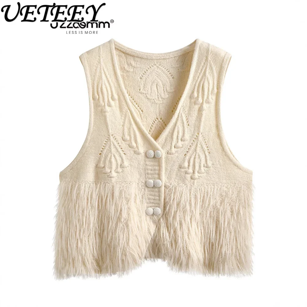 Temperament Girls Flower Pattern Fringed Design Vest Fashion Temperament V-neck Sleeveless Knitted Waistcoat for Women