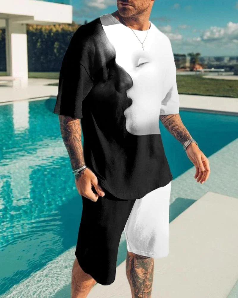 New T-Shirt Oversized Loose Summer Men\'s Clothes Retro Short Sleeve Fashion Black and White Face 3D Pattern Street Neck Top