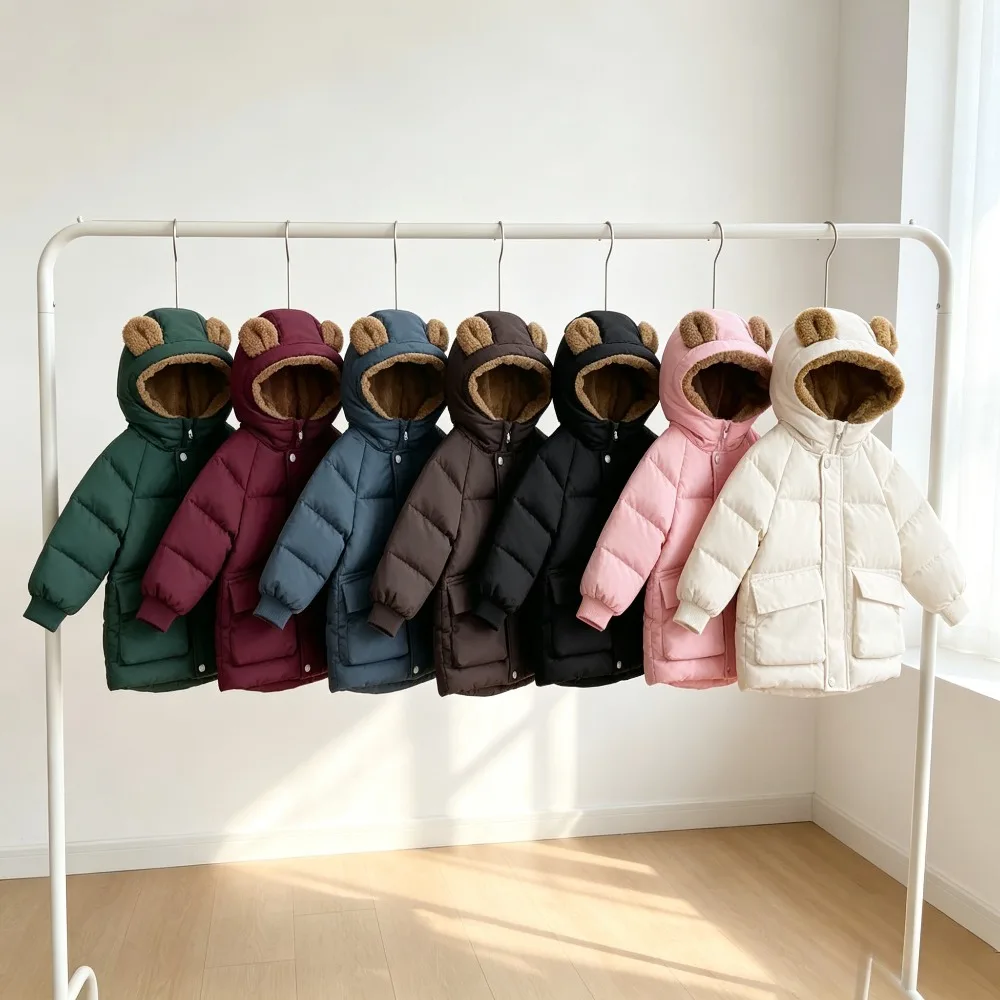 Kids Fleece Lined Hooded Jacket with Bear Ears Winter Puffer Coat Boys Girls Warm Sherpa Outerwear with Snap Button Pockets 2026