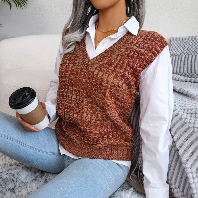 Autumn and Winter 2023 New Colorful Fried Dough Twists V-neck England Style Comfortable Knitted Vest Versatile Thin Female Vest